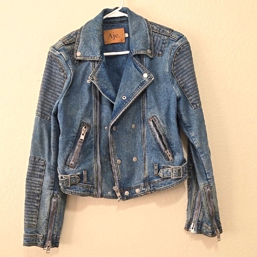 Aje Blue Jean Jacket with Distressed Finish‎ and Asymmetrical Zipper 12